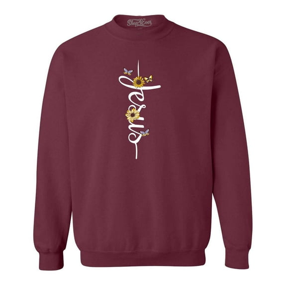 Shop4Ever Men's Jesus Script Cross with Flowers and Butterflies Crewneck Sweatshirt X-Large Maroon