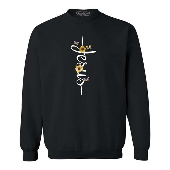 Shop4Ever Men's Jesus Script Cross with Flowers and Butterflies Crewneck Sweatshirt XXXX-Large Black