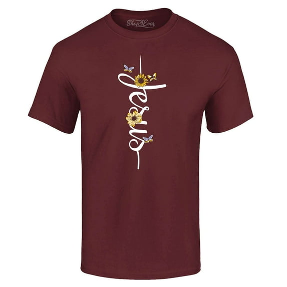 Shop4Ever Men's Jesus Script Cross with Flowers and Butterflies Graphic T-shirt Small Maroon