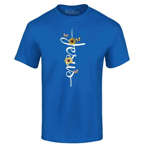 Shop4Ever Men's Jesus Script Cross with Flowers and Butterflies Graphic T-shirt Small Royal Blue