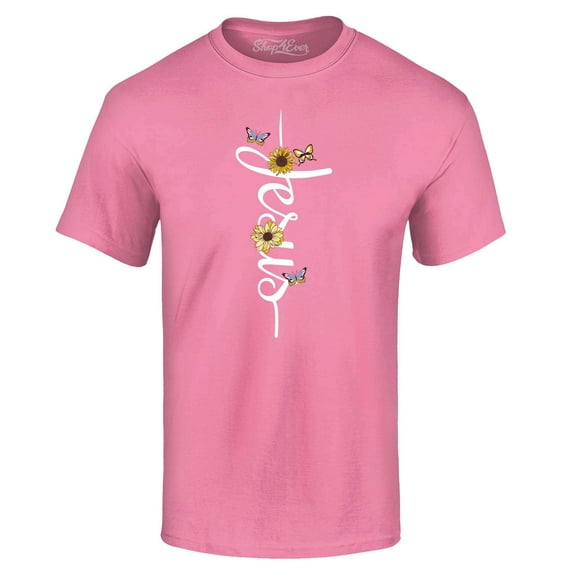 Shop4Ever Men's Jesus Script Cross with Flowers and Butterflies Graphic T-shirt X-Large Azalea Pink