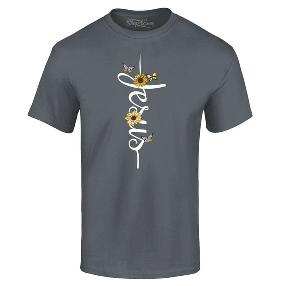 Shop4Ever Men's Jesus Script Cross with Flowers and Butterflies Graphic T-shirt X-Large Black