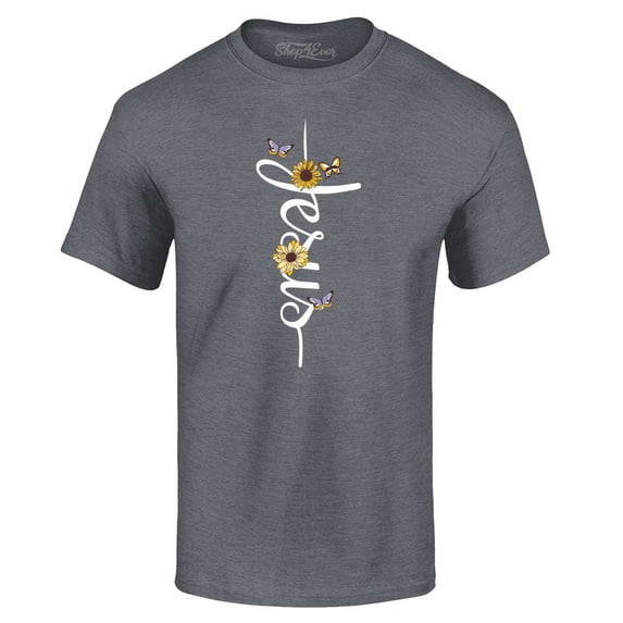 Shop4Ever Men's Jesus Script Cross with Flowers and Butterflies Graphic T-shirt X-Large Charcoal