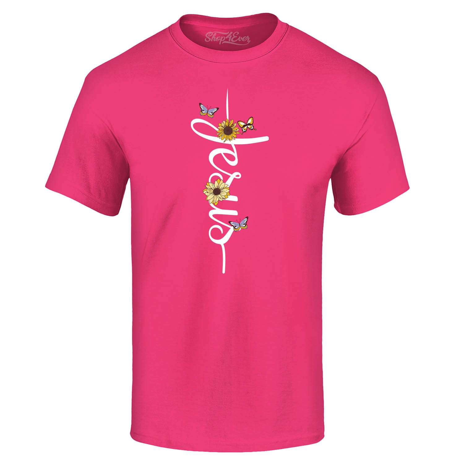 Shop4Ever Men's Jesus Script Cross with Flowers and Butterflies Graphic ...