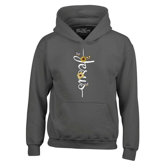 Shop4Ever Men's Jesus Script Cross with Flowers and Butterflies Hooded Sweatshirt Hoodie Small Charcoal
