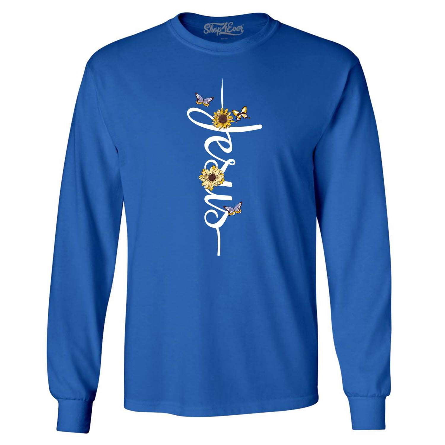 Shop4Ever Men's Jesus Script Cross with Flowers and Butterflies Long ...