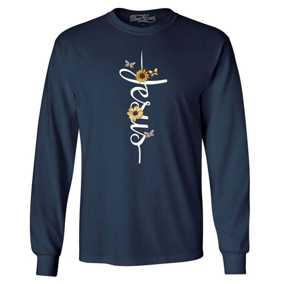 Shop4Ever Men's Jesus Script Cross with Flowers and Butterflies Long Sleeve Shirt XXX-Large Navy