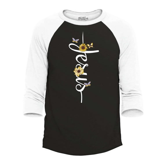Shop4Ever Men's Jesus Script Cross with Flowers and Butterflies Raglan Baseball Shirt XX-Large Black/White