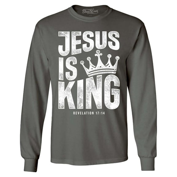 Shop4Ever Men's Jesus is King Revelation 17:14 Long Sleeve Shirt Large Charcoal