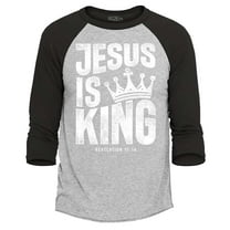 Shop4Ever Men's Jesus is King Revelation 17:14 Raglan Baseball Shirt Large Heather Grey/Black