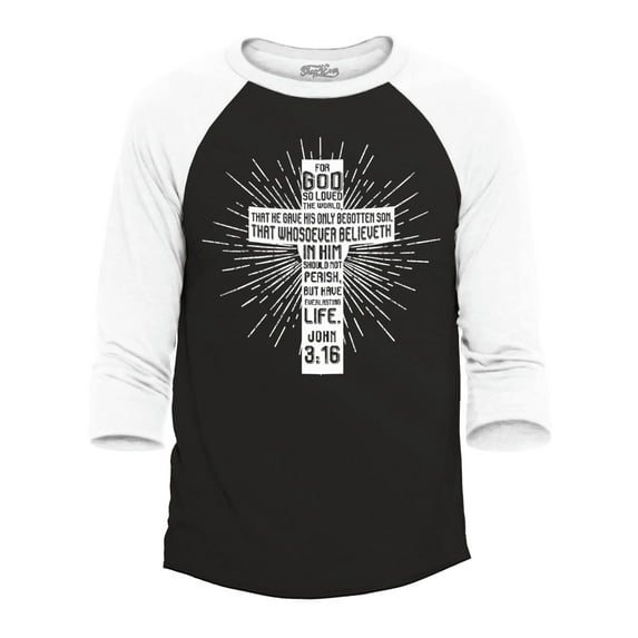 Shop4Ever Men's John 3:16 Bible Verse Cross Raglan Baseball Shirt X-Large Black/White