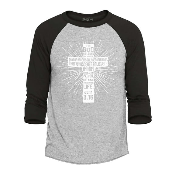 Shop4Ever Men's John 3:16 Bible Verse Cross  Raglan Baseball Shirt XX-Large Heather Grey/Black