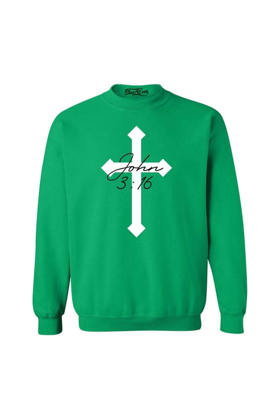 Men's John 3:16 Bible Verse Script Cross Crewneck Sweatshirt X-Large Irish Green