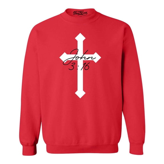 Shop4Ever Men's John 3:16 Bible Verse Script Cross Crewneck Sweatshirt X-Large Red