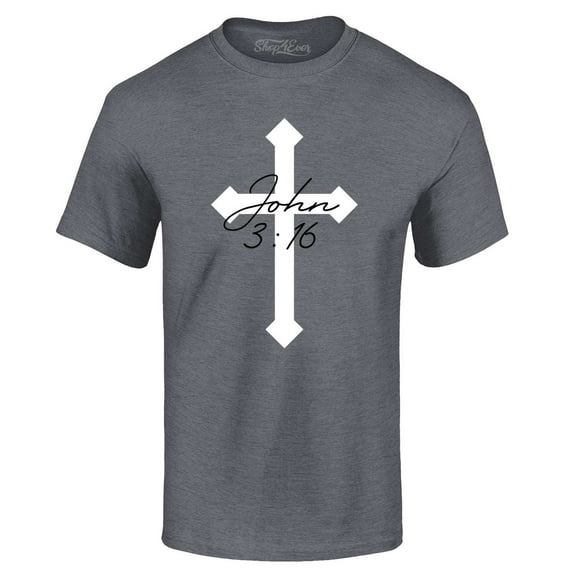 Shop4Ever Men's John 3:16 Bible Verse Script Cross Graphic T-shirt Large Charcoal