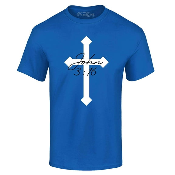 Shop4Ever Men's John 3:16 Bible Verse Script Cross Graphic T-shirt Large Royal Blue
