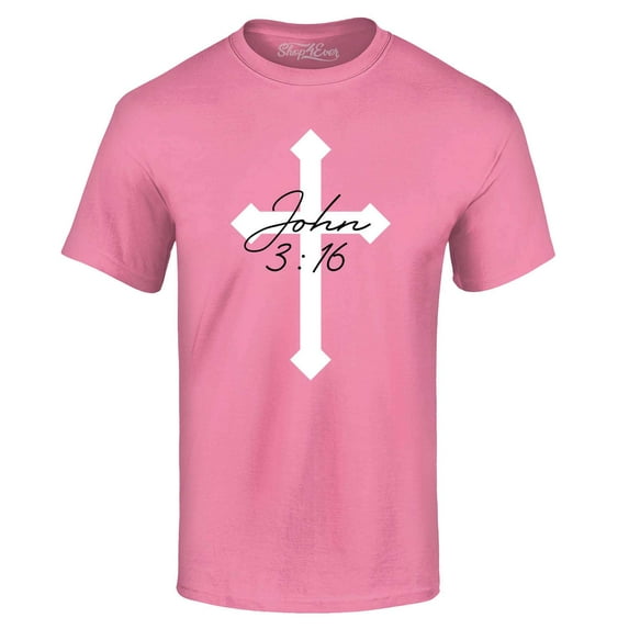 Shop4Ever Men's John 3:16 Bible Verse Script Cross Graphic T-shirt XXXX-Large Azalea Pink
