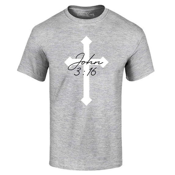Shop4Ever Men's John 3:16 Bible Verse Script Cross Graphic T-shirt XXXXX-Large Sports Grey
