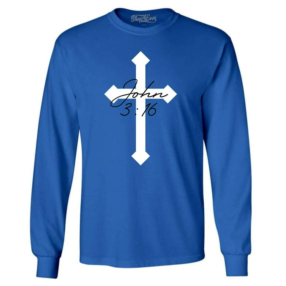 Shop4Ever Men's John 3:16 Bible Verse Script Cross Long Sleeve Shirt Large Royal Blue