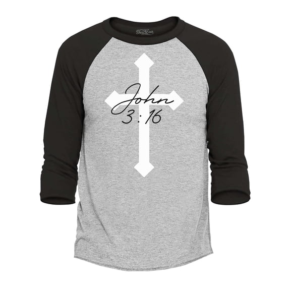 Shop4Ever Men's John 3:16 Bible Verse Script Cross Raglan Baseball Shirt X-Large Heather Grey/Black