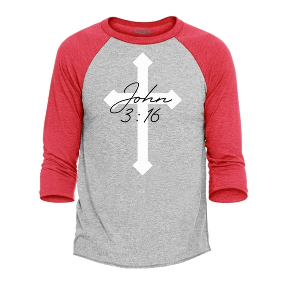 Shop4Ever Men's John 3:16 Bible Verse Script Cross Raglan Baseball Shirt X-Large Heather Grey/Red