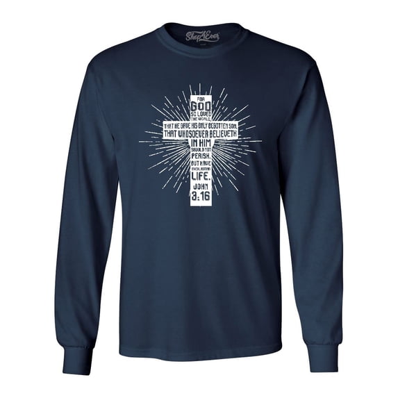 Shop4Ever Men's John 3:16 Cross Long Sleeve Shirt X-Large Navy