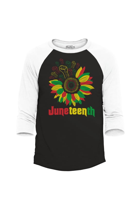 Men's Juneteenth Black Fist Flower Power June 19th 1865 Raglan Baseball Shirt Small Black/White