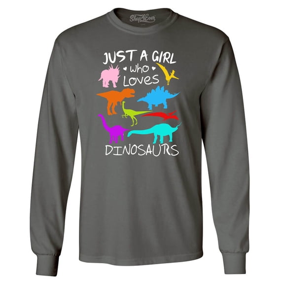Shop4Ever Men's Just A Girl Who Loves Dinosaurs Dino Long Sleeve Shirt Large Charcoal