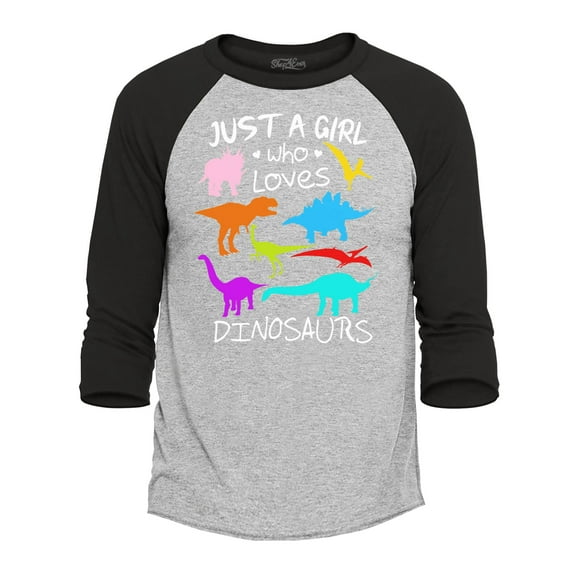 Shop4Ever Men's Just A Girl Who Loves Dinosaurs Dino Raglan Baseball Shirt X-Large Heather Grey/Black