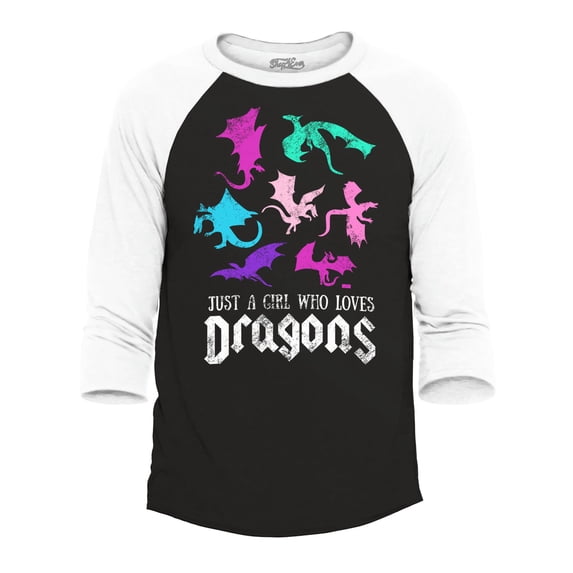 Shop4Ever Men's Just A Girl Who Loves Dragons Raglan Baseball Shirt XX-Large Black/White