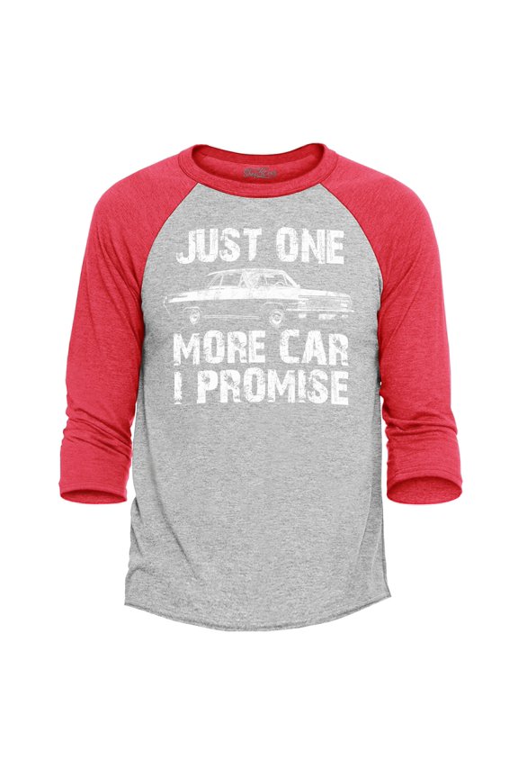Men's Just One More Car I Promise Raglan Baseball Shirt Small Heather Grey/Red