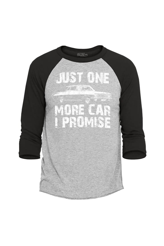 Men's Just One More Car I Promise Raglan Baseball Shirt XX-Large Heather Grey/Black