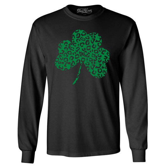 Shop4Ever Men's Leopard Print Shamrock St. Patrick's Day Long Sleeve Shirt X-Large Black