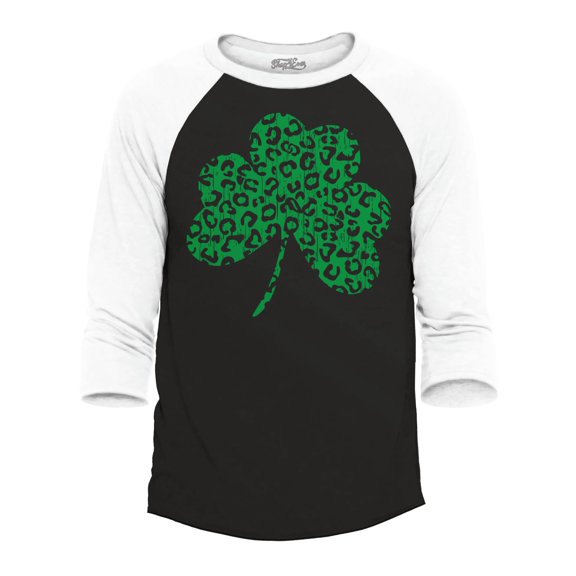 Shop4Ever Men's Leopard Print Shamrock St. Patrick's Day Raglan Baseball Shirt Medium Black/White