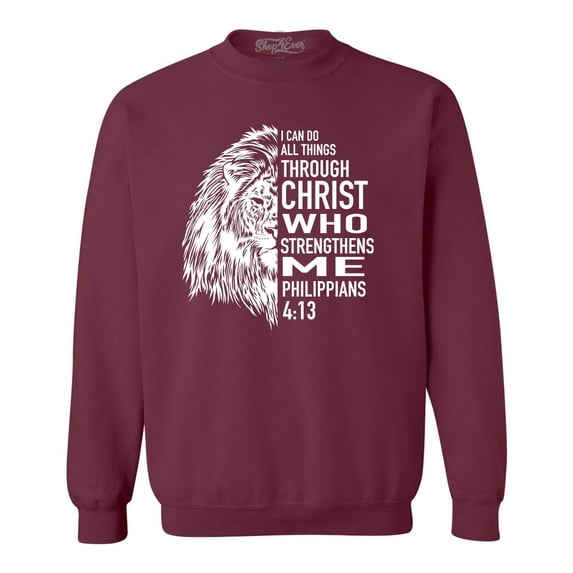 Shop4Ever Men's Lion Verse I Can Do All Things Through Christ Crewneck Sweatshirt Small Maroon