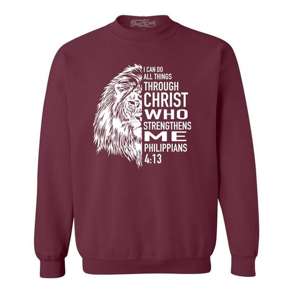 Shop4Ever Men's Lion Verse I Can Do All Things Through Christ Crewneck Sweatshirt XX-Large Maroon