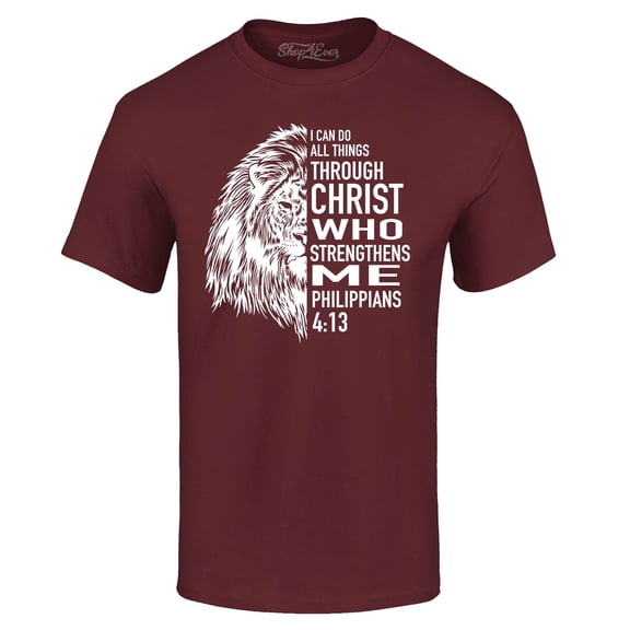 Shop4Ever Men's Lion Verse I Can Do All Things Through Christ Graphic T-shirt X-Large Maroon