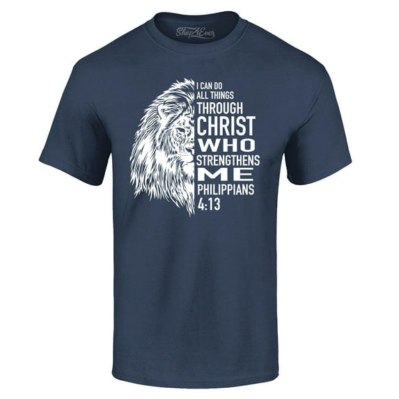 Shop4Ever Men's Lion Verse I Can Do All Things Through Christ Graphic T-shirt XX-Large Navy