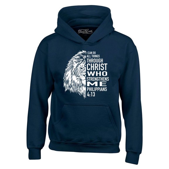 Shop4Ever Men's Lion Verse I Can Do All Things Through Christ Hooded Sweatshirt Hoodie Small Navy