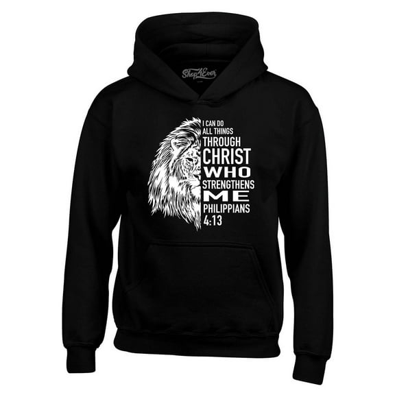 Shop4Ever Men's Lion Verse I Can Do All Things Through Christ Hooded Sweatshirt Hoodie XXXXX-Large Black