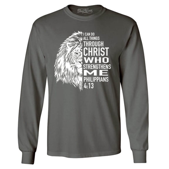 Shop4Ever Men's Lion Verse I Can Do All Things Through Christ Long Sleeve Shirt X-Large Charcoal