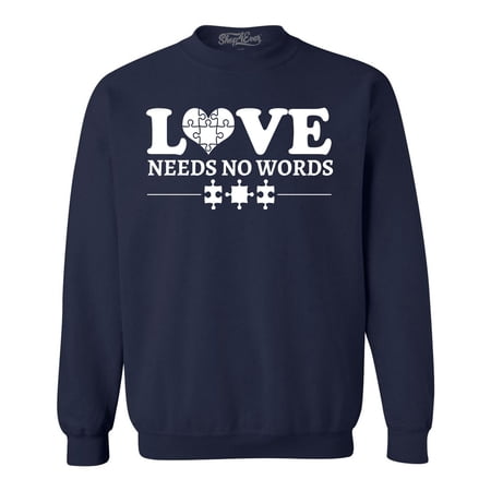 Shop4Ever Men's Love Needs No Words Autism Awareness Crewneck Sweatshirt X-Large Navy