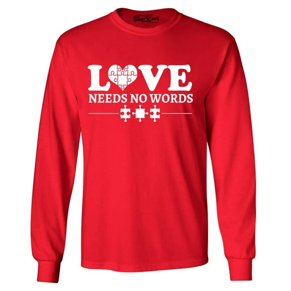 Shop4Ever Men's Love Needs No Words Autism Awareness Long Sleeve Shirt Large Red