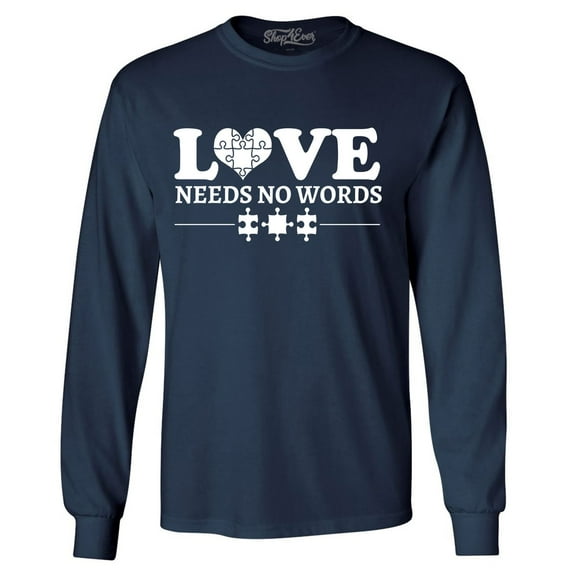 Shop4Ever Men's Love Needs No Words Autism Awareness Long Sleeve Shirt X-Large Navy
