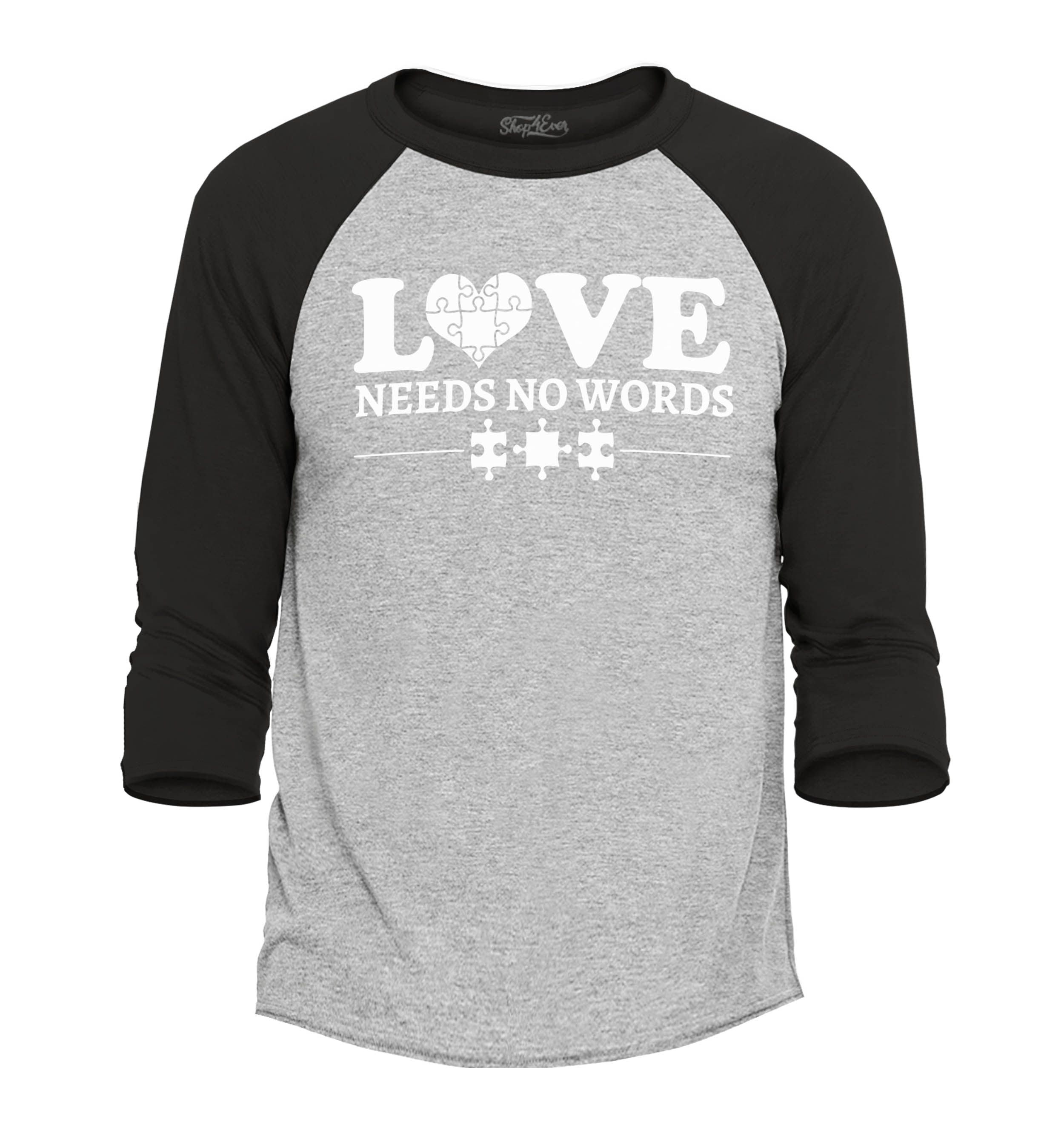 Shop4Ever Men's Love Needs No Words Autism Awareness Raglan Baseball Shirt X-Large Heather Grey/Black