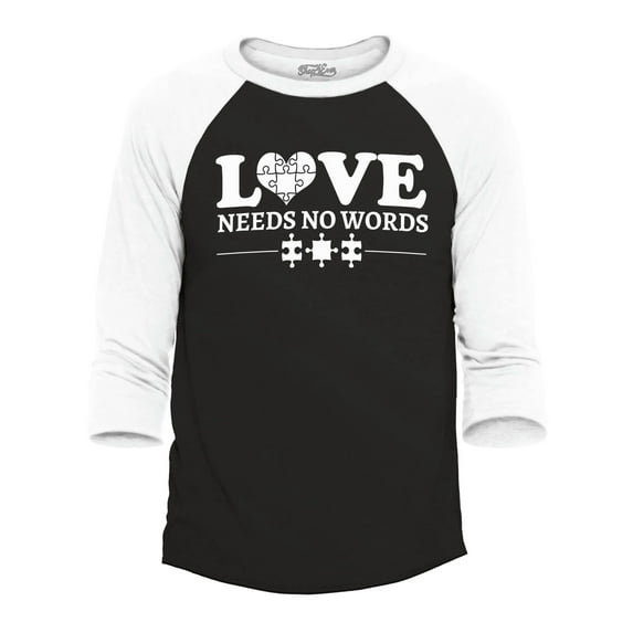 Shop4Ever Men's Love Needs No Words Autism Awareness Raglan Baseball Shirt XX-Large Black/White