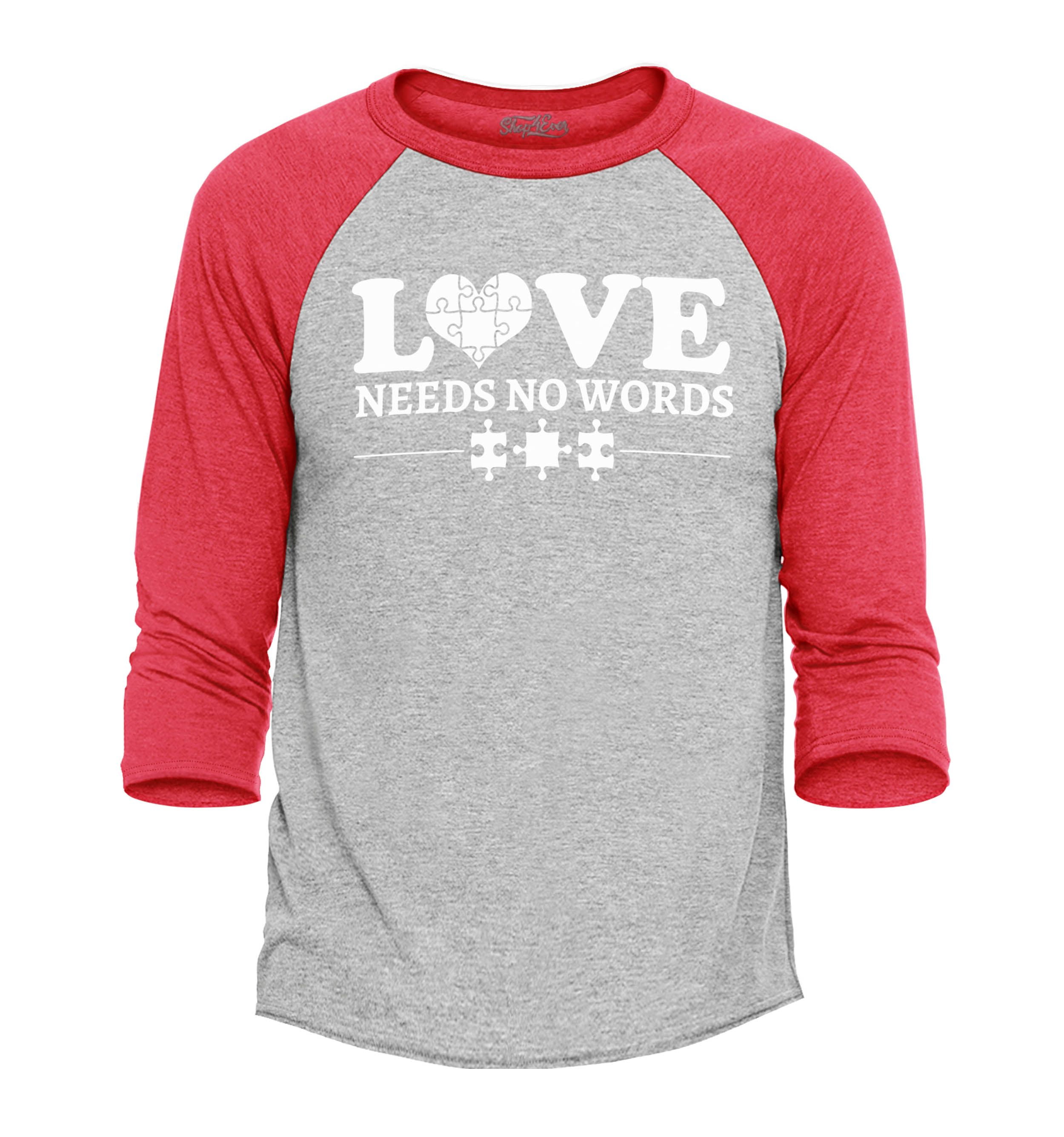 Shop4Ever Men's Love Needs No Words Autism Awareness Raglan Baseball Shirt XX-Large Heather Grey/Red