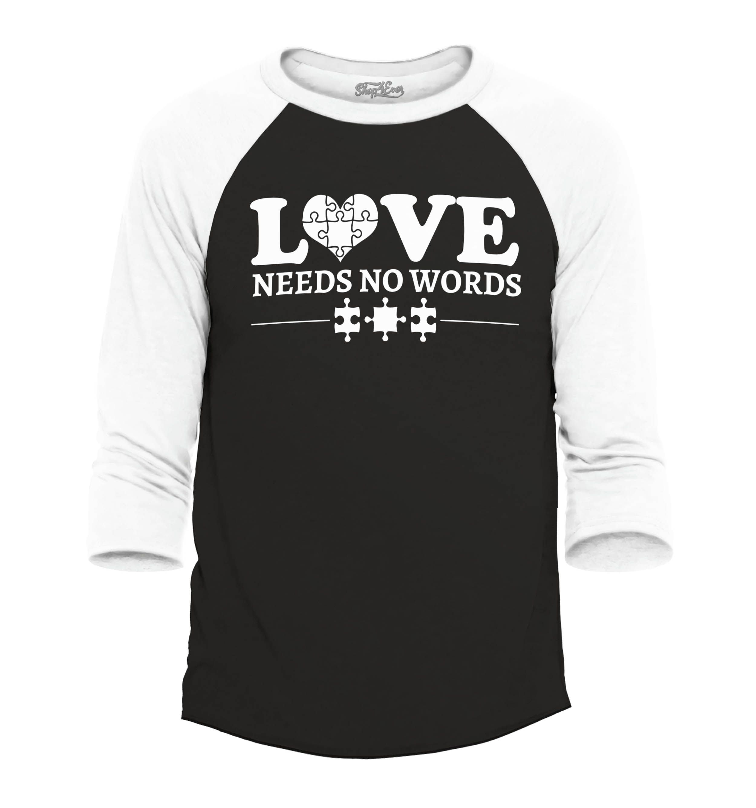 Shop4Ever Men's Love Needs No Words Autism Awareness Raglan Baseball Shirt XXX-Large Black/White