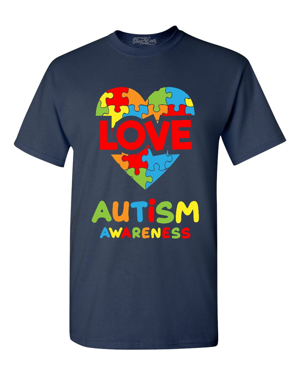 Shop4Ever Men's Love Puzzle Heart Autism Awareness Graphic T-shirt Small Navy