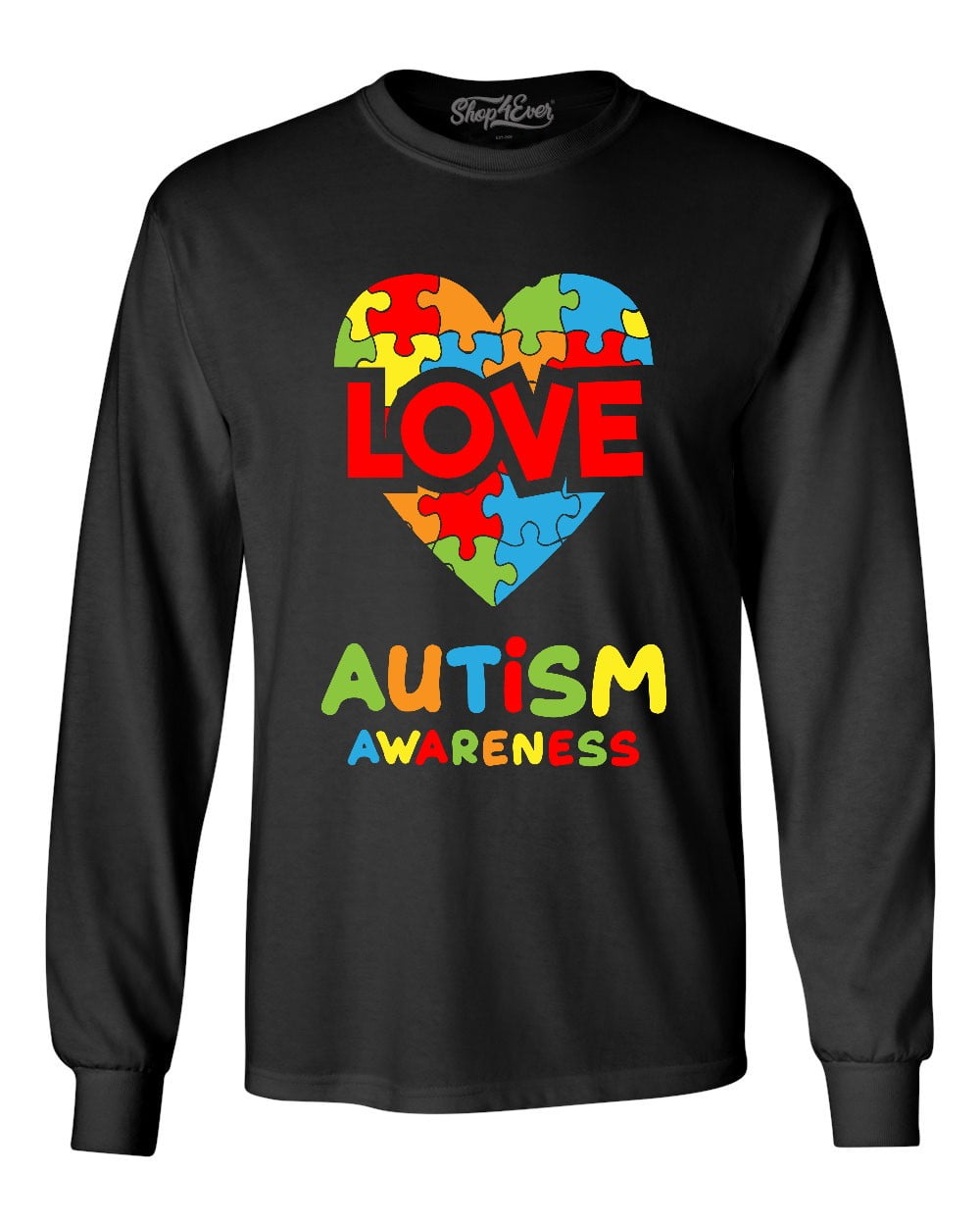 Shop4Ever Men's Love Puzzle Heart Autism Awareness Long Sleeve Shirt Large Black